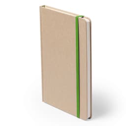 A brown notebook surrounded by a green elastic band, featuring plain white pages and a simple design.