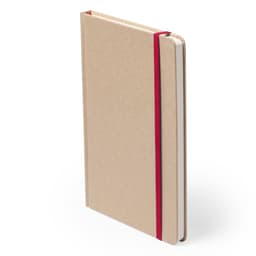 A kraft notebook with a red elastic band, featuring a plain cover and white pages inside.