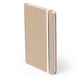 A kraft brown notebook with a white elastic band, featuring a simple design and a blank interior.