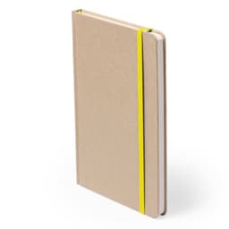 A brown kraft notebook with a yellow elastic band closure, featuring lined pages and a minimalist design.