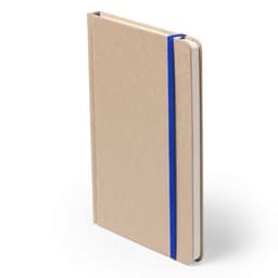 A kraft paper notebook with a blue elastic band, featuring a plain cover and white pages.