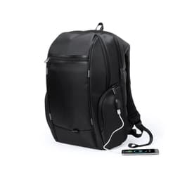 A black backpack with multiple compartments, featuring a logo and a USB charging port.