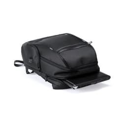 A black backpack with multiple compartments and a laptop sleeve. It features a logo on the side.