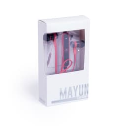 Red Mayun earphones in a white box with a transparent window, featuring a control panel and a logo.