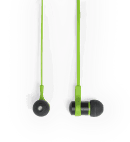 Earphones featuring a black and vibrant green design, with a slim profile and a logo on the connector.