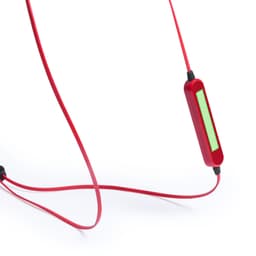 Red Mayun Earphones with a rectangular control module and flexible cables, featuring a logo on the module.
