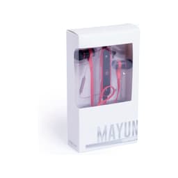 A package of Mayun earphones in red with a black control unit, displayed in a clear box.