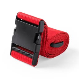 A red strap with a black buckle, featuring a textured surface for secure fastening.