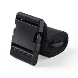 A black strap with a plastic buckle, rolled neatly and featuring a webbed texture. Suitable for various fastening needs.