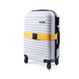 A grey hard-shell suitcase with a yellow strap and wheels for easy transport. It features a branding logo.