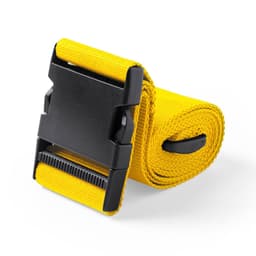 A yellow strap with a black buckle, neatly rolled and featuring a smooth, adjustable mechanism.