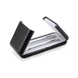A black gift set containing two elegant metal pens neatly housed in a sleek case.