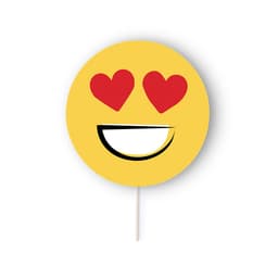 A round yellow emoji face with heart eyes and a smiling mouth, mounted on a stick.