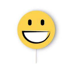 A round yellow smiley face on a stick, featuring a wide black smile and two eyes. It has a simple design.