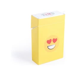 A yellow gift box featuring a smiling emoji design and a white lid. The box has a logo on the front.