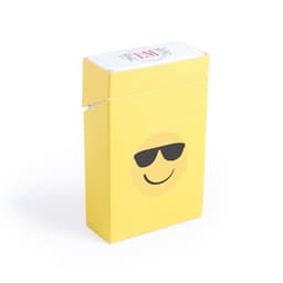 A yellow packaging box featuring a smiling emoji with sunglasses, containing assorted items inside.