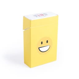 A yellow gift box featuring a smiling face design. It has a closed top and a printed label on the front.
