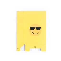 A yellow gift box featuring a smiling emoji with sunglasses. It has a simple design and includes a logo.