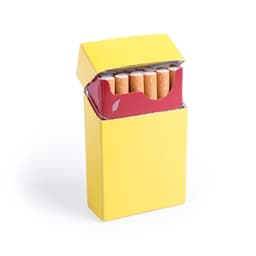 A yellow cigarette pack with a red interior, containing several white and brown cigarettes. The pack has a logo.