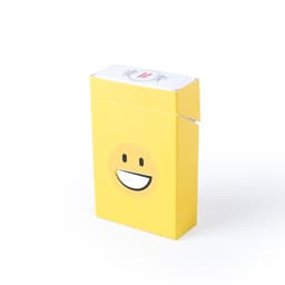 A yellow box with a smiling face design, partially opened, containing a promotional item.