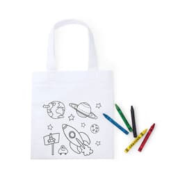 A white tote bag featuring a colouring design of a rocket, planets, and stars, accompanied by colourful crayons.