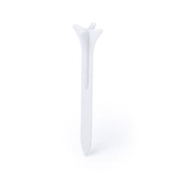 A white golf tee with a unique dual-pronged design and a pointed base for easy insertion into the ground.