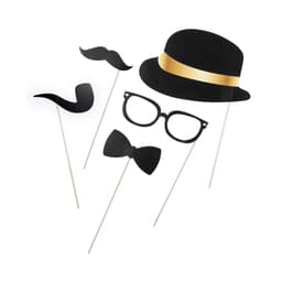 A set of black photo props including a moustache, hat, glasses, and bow tie on wooden sticks.