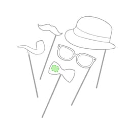 A set of novelty photo props including a hat, glasses, bow tie, moustache, and a stick for holding them.