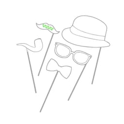 A set of novelty photo props including a mustache, pipe, hat, glasses, and bow tie on sticks, all in white.