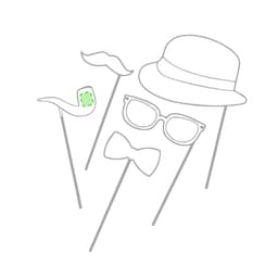 A collection of novelty photo props including a hat, glasses, bow tie, moustache, and pipe on sticks, primarily in grey outlines.