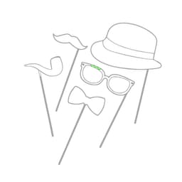 A collection of novelty photo props including a hat, glasses, a bow tie, a moustache, and a pipe on sticks.