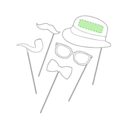 A novelty set including a moustache, pipe, bow tie, glasses, and a hat on sticks. Features an empty area for customisation.