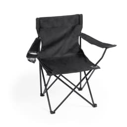 A black folding chair with an armrest and a cup holder, featuring a simple design and a black metal frame.