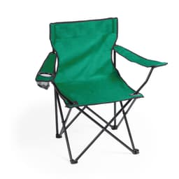 A green folding chair with a black frame and mesh cup holder, designed for leisure and outdoor use.