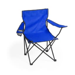 A folding chair in bright blue with black trim and a built-in drink holder on the armrest. It features a sturdy metal frame.