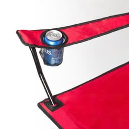 A red leisure chair featuring a cup holder and black trim, with a can of drink placed in the holder.