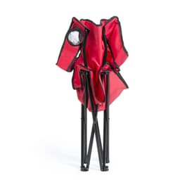 A red folding chair with black trim is shown in a collapsed position, featuring a mesh side pocket and a logo.