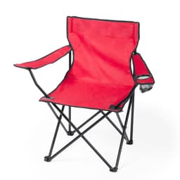 A red folding chair with black trim and a cup holder, featuring a simple and portable design.