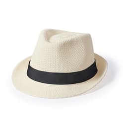 A light beige fedora hat featuring a contrasting black band, with a textured finish and a classic design.