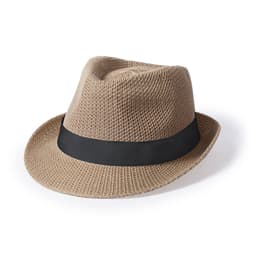 A tan hat with a black band, featuring a mesh design suitable for headwear.