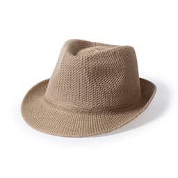 A tan mesh hat with a fedora shape, featuring a textured design and a branded logo.