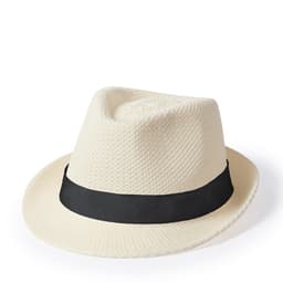 A cream fedora hat with a black band, featuring a textured design. The hat has a classic shape and style.