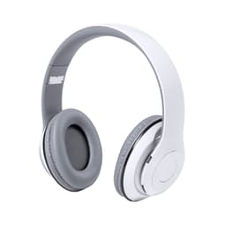 A pair of white headphones with grey ear cups, featuring a minimalist design and a visible logo.