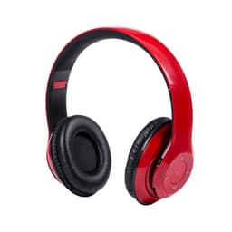 A pair of red headphones with cushioned ear pads and a sleek design, featuring a logo on the side.