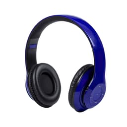 A pair of blue headphones with black cushioned ear cups and controls on the side, featuring a sleek design.