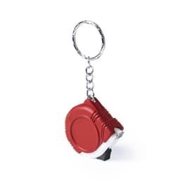 A red tape measure keyring featuring a white casing and a metal chain for attachment.