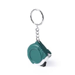 A teal tape measure with a keyring attachment, featuring a white case and a metal chain.