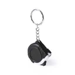 A black and white tape measure keyring with a metal chain and keyring attachment.