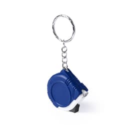 A blue tape measure keyring with a silver chain attachment. The product features a compact design for portability.