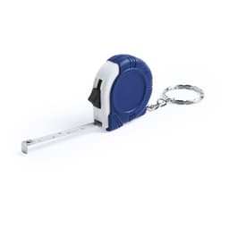 A blue and white keyring tape measure with a silver chain. It features a retractable measuring tape.